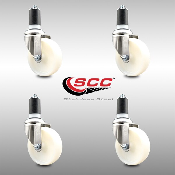 4 Inch 316SS Nylon Wheel Swivel 1-1/2 Inch Expanding Stem Caster Set SCC